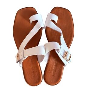White and Brown Minimalist Toe Sandals with Adjustable Buckles